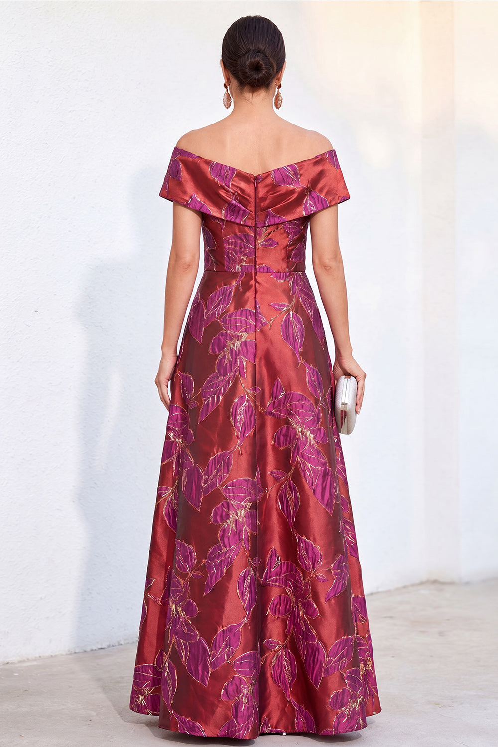 Jacquard Golden Off The Shoulder Long Mother of the Bride Dress with Pockets