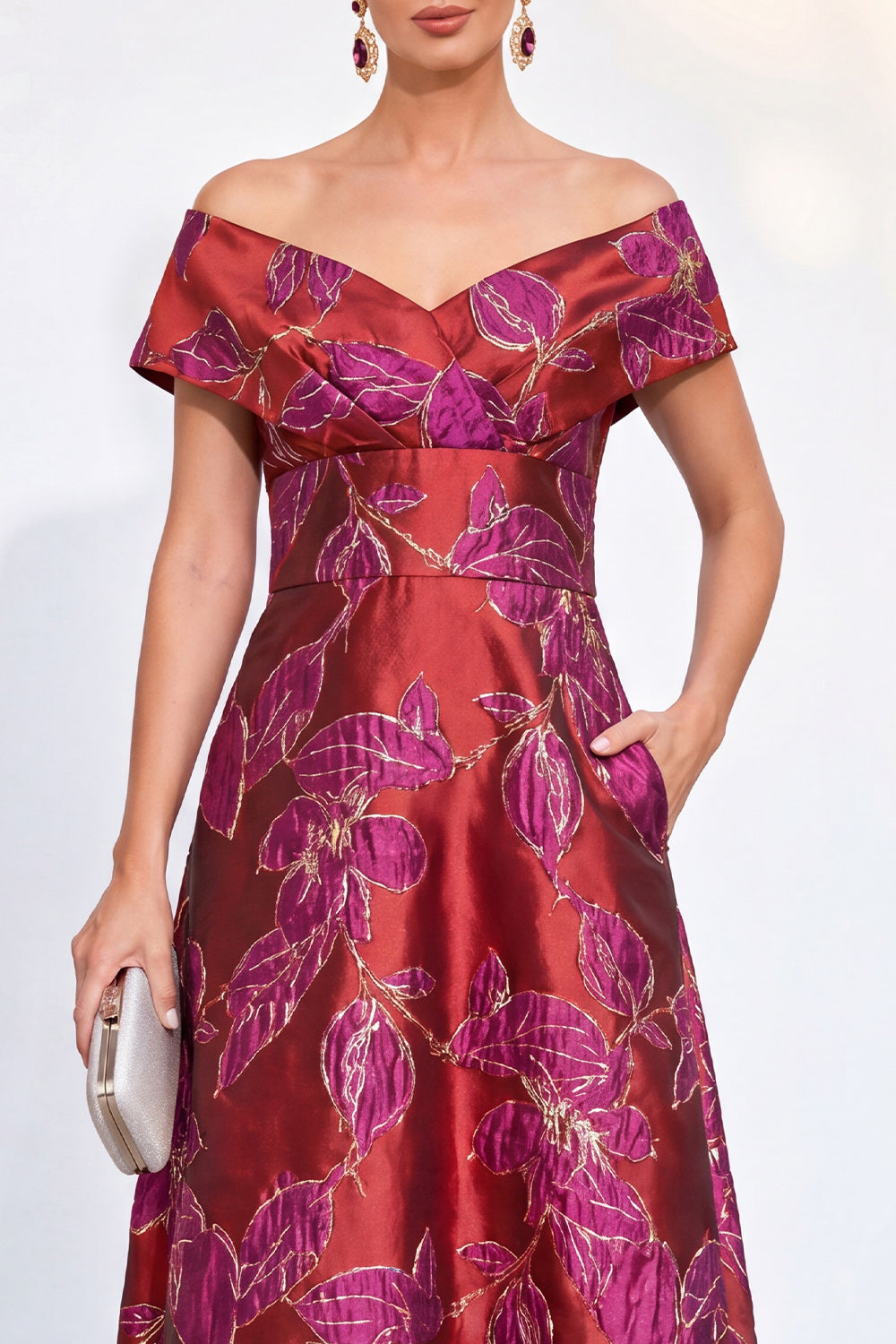 Jacquard Golden Off The Shoulder Long Mother of the Bride Dress with Pockets