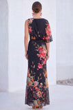 Blue Flower Boat Neck Mermaid Long Mother of the Bride Dress with Sleeve