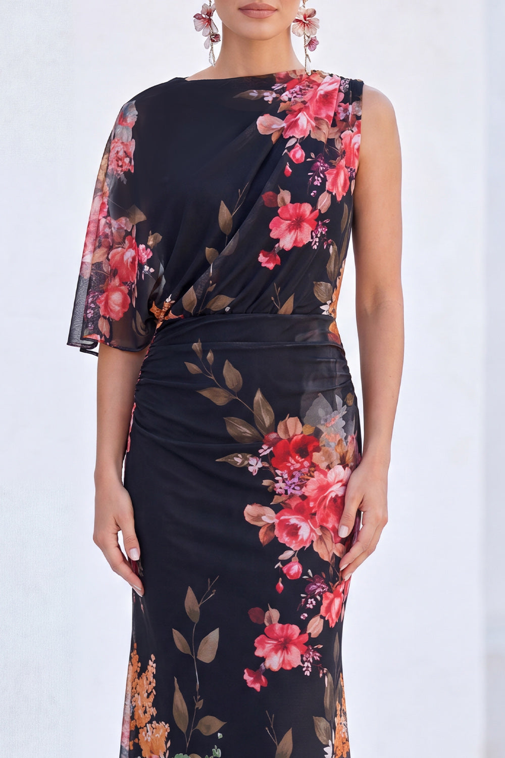 Blue Flower Boat Neck Mermaid Long Mother of the Bride Dress with Sleeve