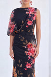 Blue Flower Boat Neck Mermaid Long Mother of the Bride Dress with Sleeve