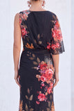 Blue Flower Boat Neck Mermaid Long Mother of the Bride Dress with Sleeve