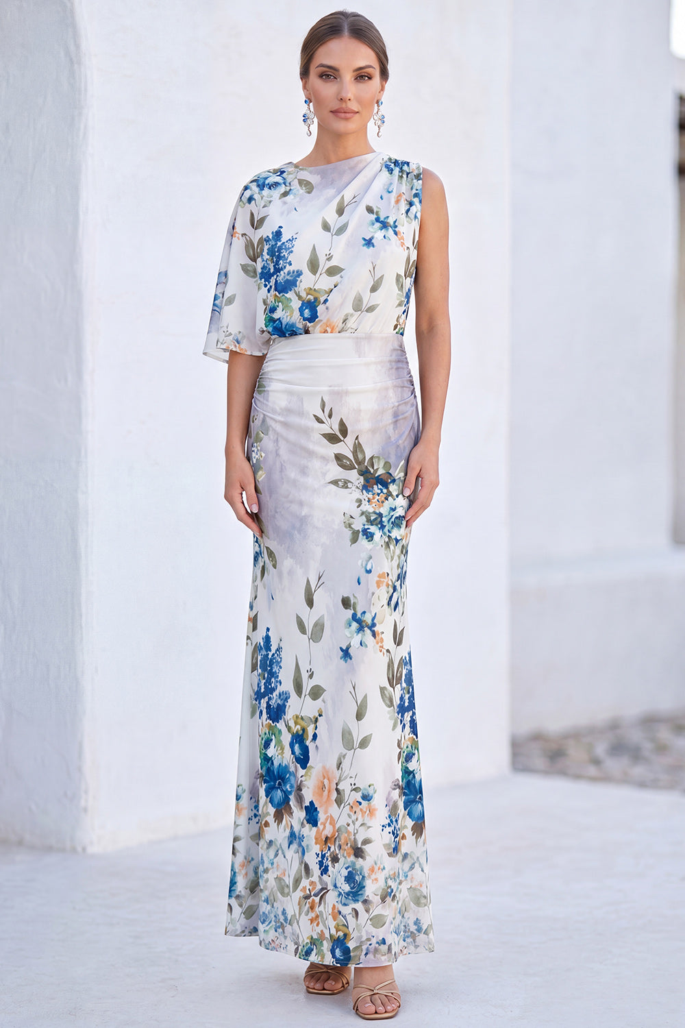 Blue Flower Boat Neck Mermaid Long Mother of the Bride Dress with Sleeve