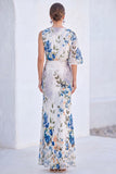 Blue Flower Boat Neck Mermaid Long Mother of the Bride Dress with Sleeve