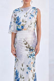 Blue Flower Boat Neck Mermaid Long Mother of the Bride Dress with Sleeve