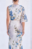 Blue Flower Boat Neck Mermaid Long Mother of the Bride Dress with Sleeve