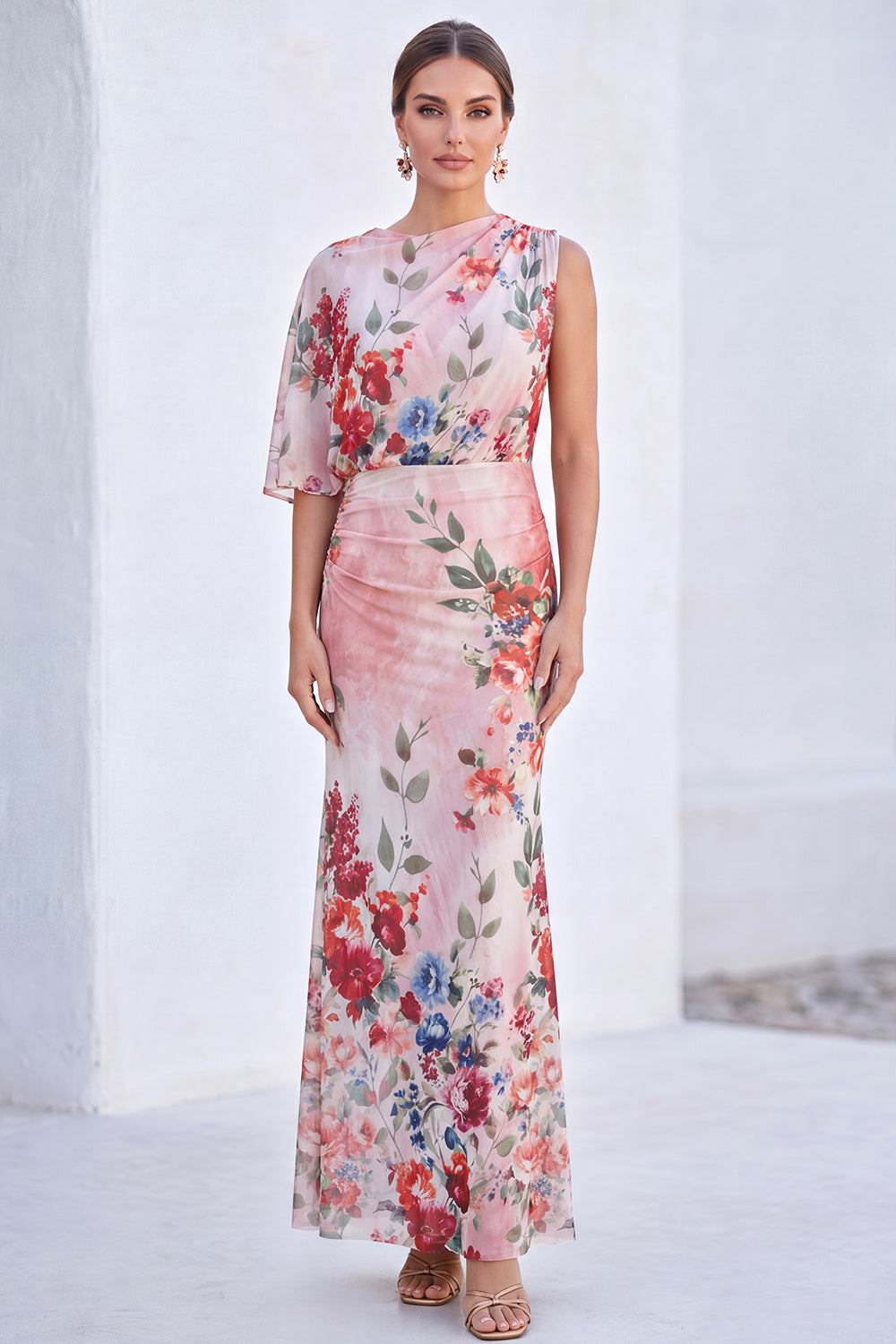 Blue Flower Boat Neck Mermaid Long Mother of the Bride Dress with Sleeve