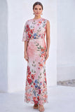 Blue Flower Boat Neck Mermaid Long Mother of the Bride Dress with Sleeve