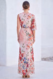Blue Flower Boat Neck Mermaid Long Mother of the Bride Dress with Sleeve