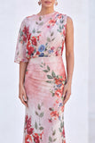 Blue Flower Boat Neck Mermaid Long Mother of the Bride Dress with Sleeve