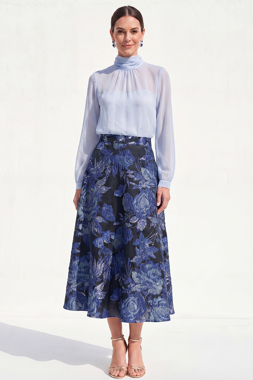 High Neck Purple Floral A Line Long Mother of the Bride Dress with Sleeves