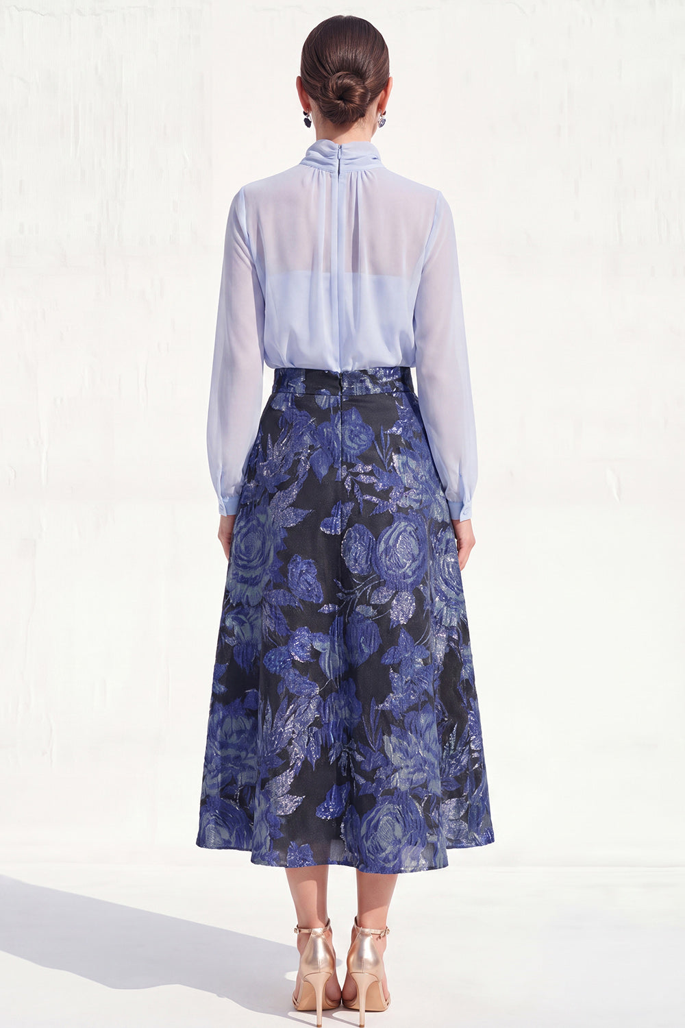 High Neck Purple Floral A Line Long Mother of the Bride Dress with Sleeves