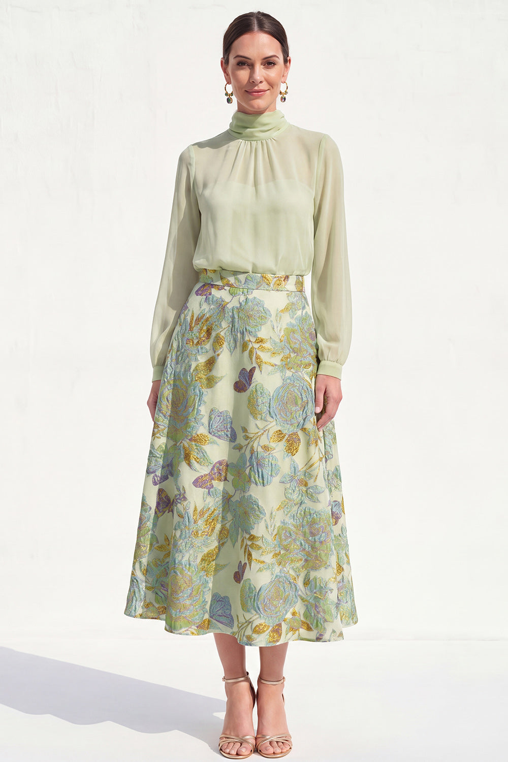 High Neck Purple Floral A Line Long Mother of the Bride Dress with Sleeves
