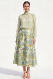 High Neck Purple Floral A Line Long Mother of the Bride Dress with Sleeves