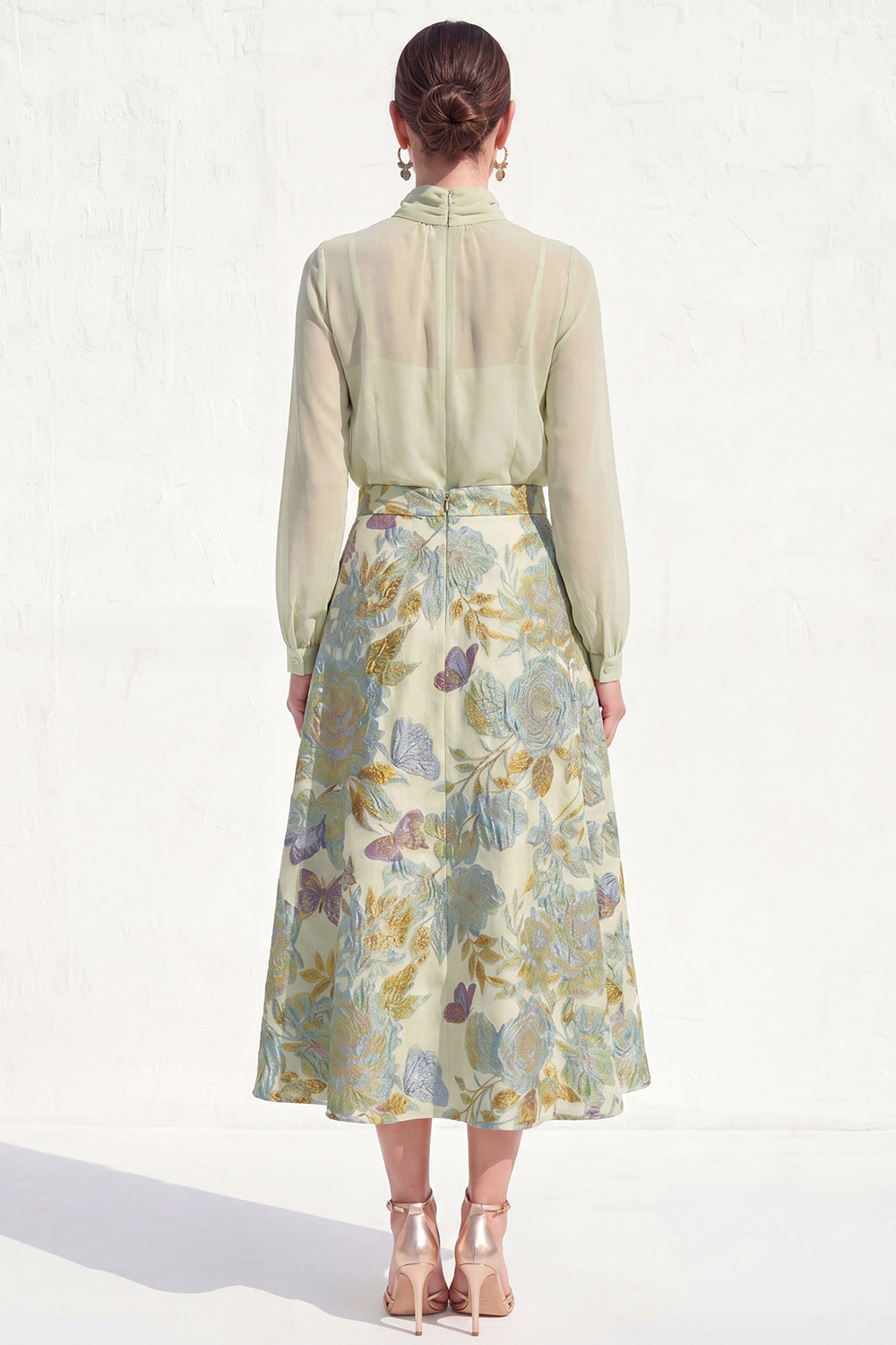 High Neck Purple Floral A Line Long Mother of the Bride Dress with Sleeves