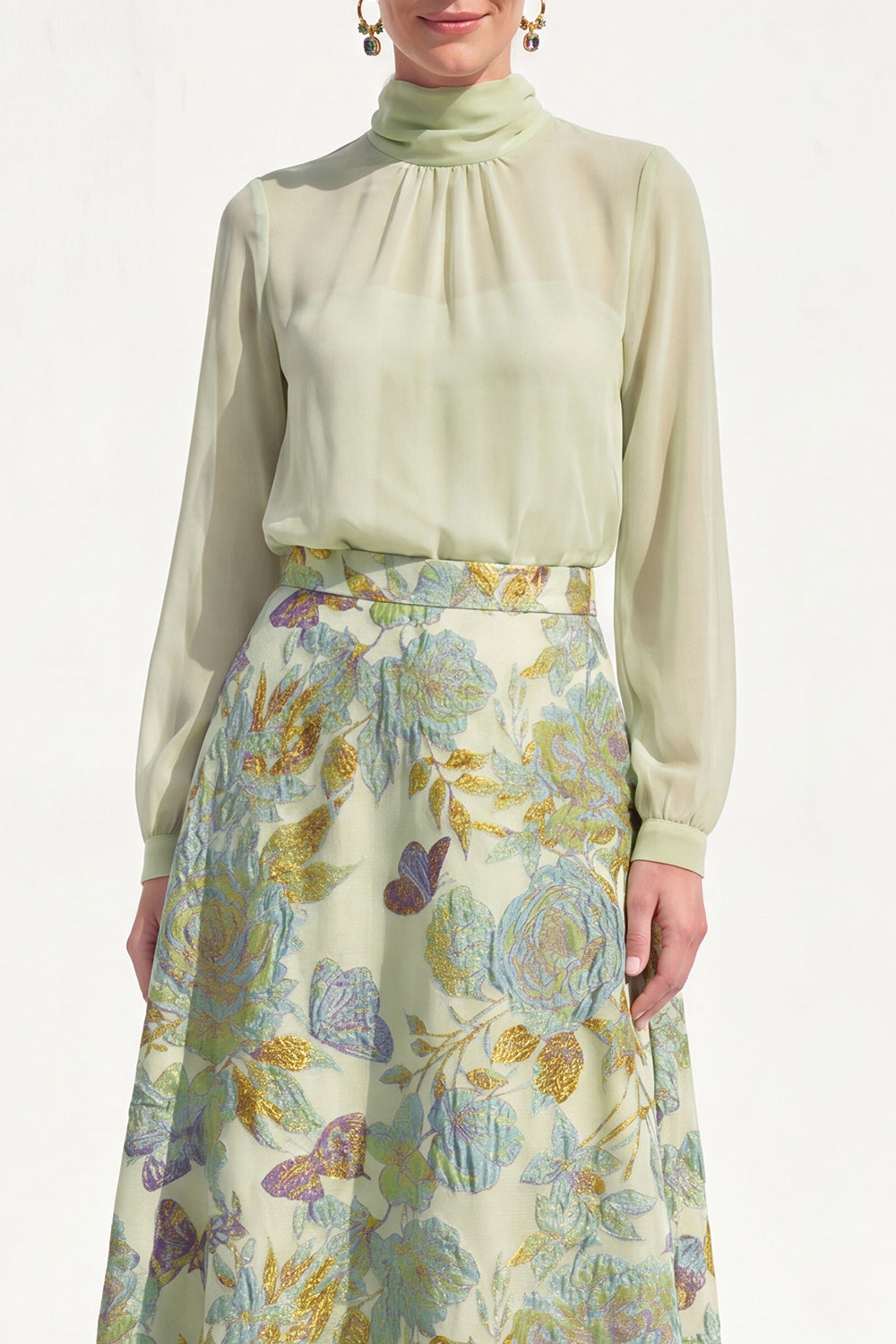 High Neck Purple Floral A Line Long Mother of the Bride Dress with Sleeves