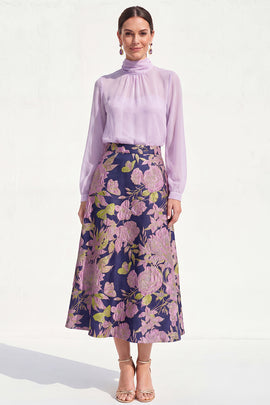 High Neck Purple Floral A Line Long Mother of the Bride Dress with Sleeves
