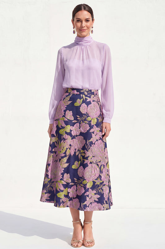 High Neck Purple Floral A Line Long Mother of the Bride Dress with Sleeves