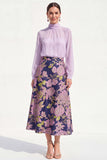 High Neck Purple Floral A Line Long Mother of the Bride Dress with Sleeves