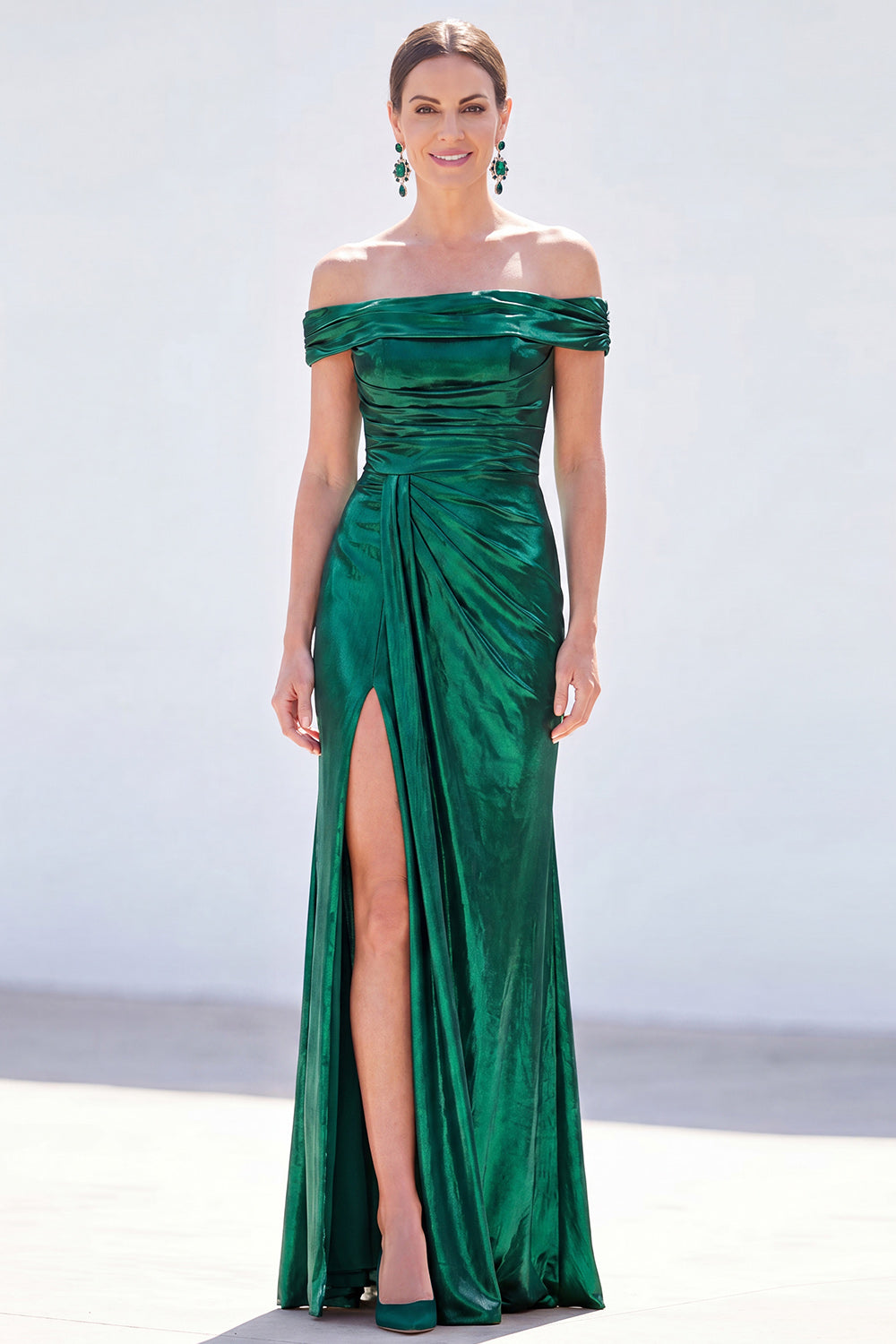 Dark Green Metallic Mermaid Ruched Long Mother of the Bride Dress with Slit