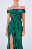 Dark Green Metallic Mermaid Ruched Long Mother of the Bride Dress with Slit