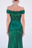 Dark Green Metallic Mermaid Ruched Long Mother of the Bride Dress with Slit