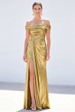 Dark Green Metallic Mermaid Ruched Long Mother of the Bride Dress with Slit