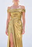 Dark Green Metallic Mermaid Ruched Long Mother of the Bride Dress with Slit