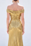 Dark Green Metallic Mermaid Ruched Long Mother of the Bride Dress with Slit