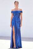 Dark Green Metallic Mermaid Ruched Long Mother of the Bride Dress with Slit