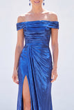Dark Green Metallic Mermaid Ruched Long Mother of the Bride Dress with Slit