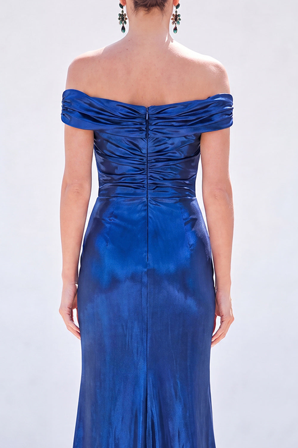 Dark Green Metallic Mermaid Ruched Long Mother of the Bride Dress with Slit