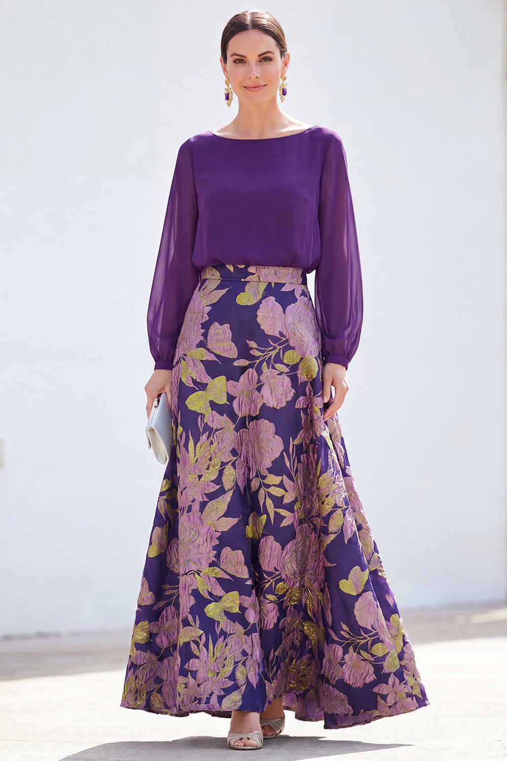 Boat Neck Green Floral A Line Long Mother of the Bride Dress with Sleeves