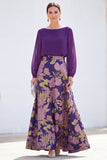 Boat Neck Green Floral A Line Long Mother of the Bride Dress with Sleeves