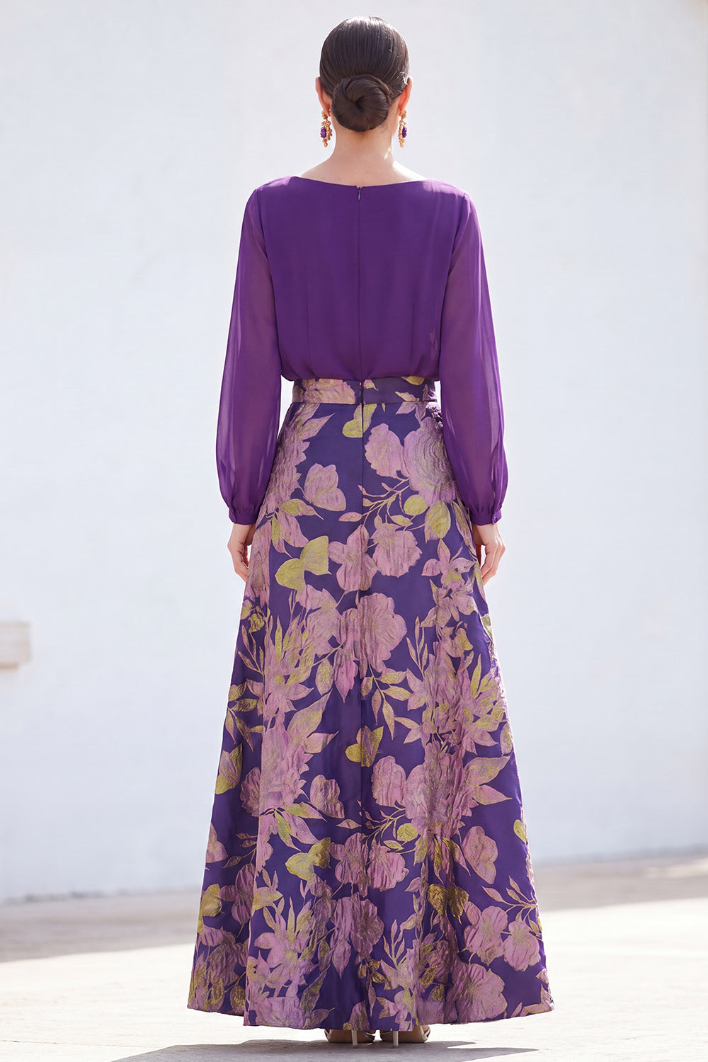 Boat Neck Green Floral A Line Long Mother of the Bride Dress with Sleeves