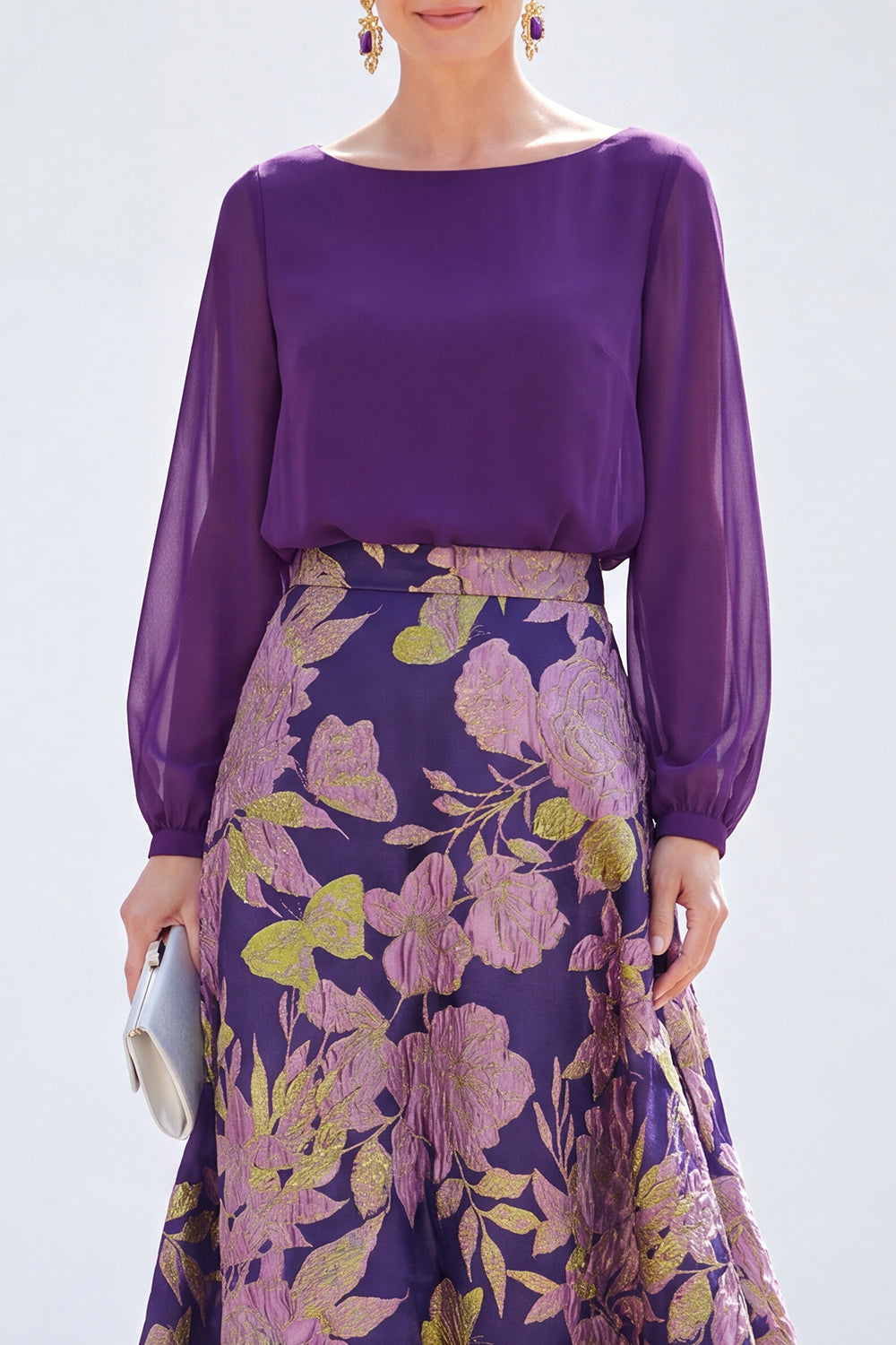 Boat Neck Green Floral A Line Long Mother of the Bride Dress with Sleeves