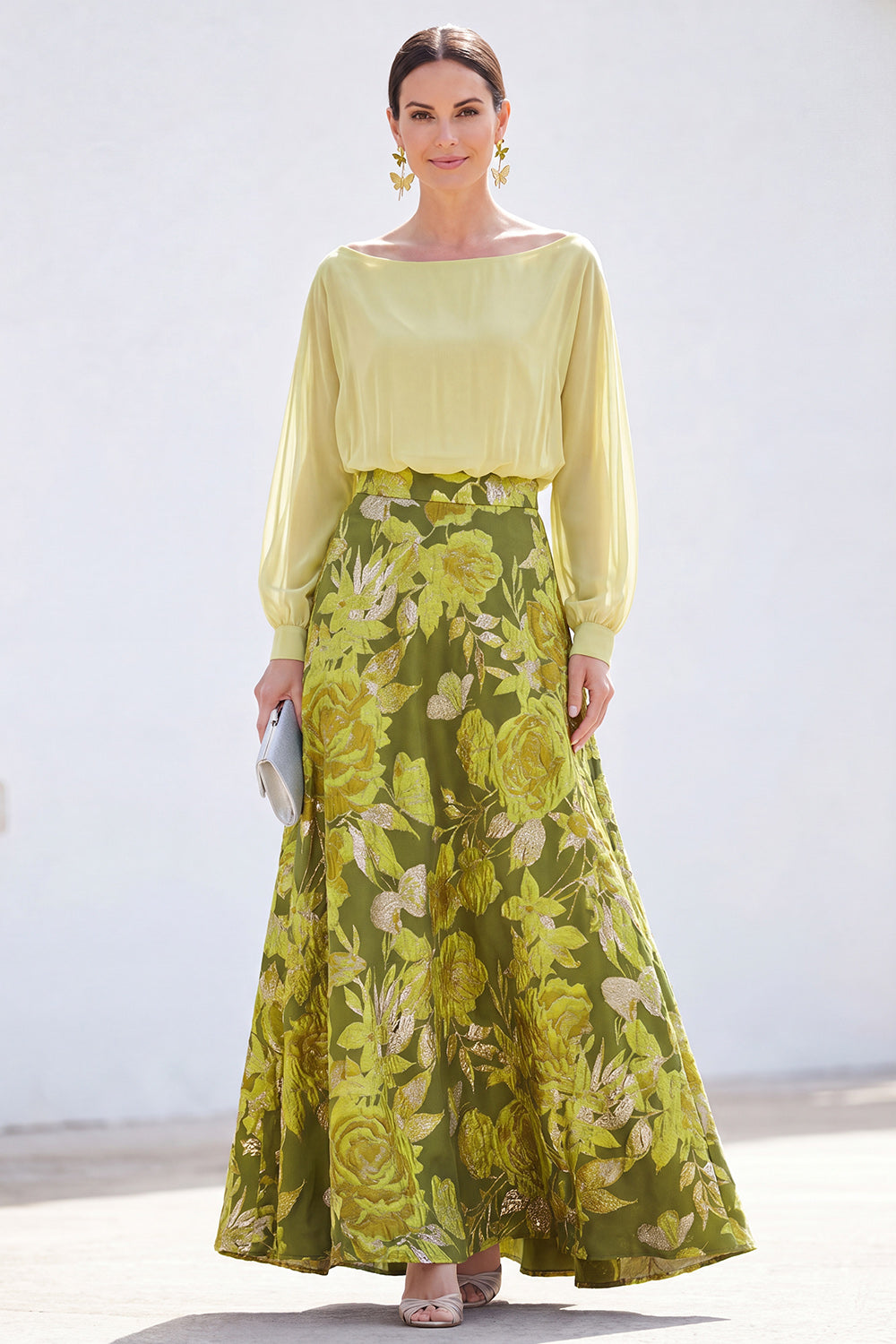 Boat Neck Green Floral A Line Long Mother of the Bride Dress with Sleeves