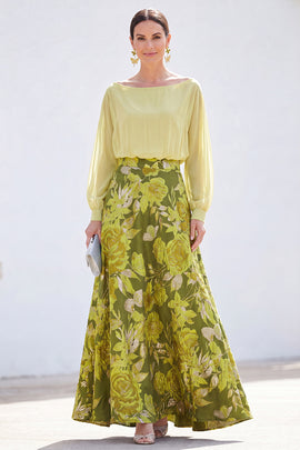 Boat Neck Green Floral A Line Long Mother of the Bride Dress with Sleeves