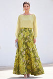 Boat Neck Green Floral A Line Long Mother of the Bride Dress with Sleeves