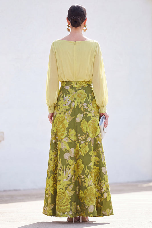 Boat Neck Green Floral A Line Long Mother of the Bride Dress with Sleeves