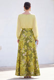 Boat Neck Green Floral A Line Long Mother of the Bride Dress with Sleeves