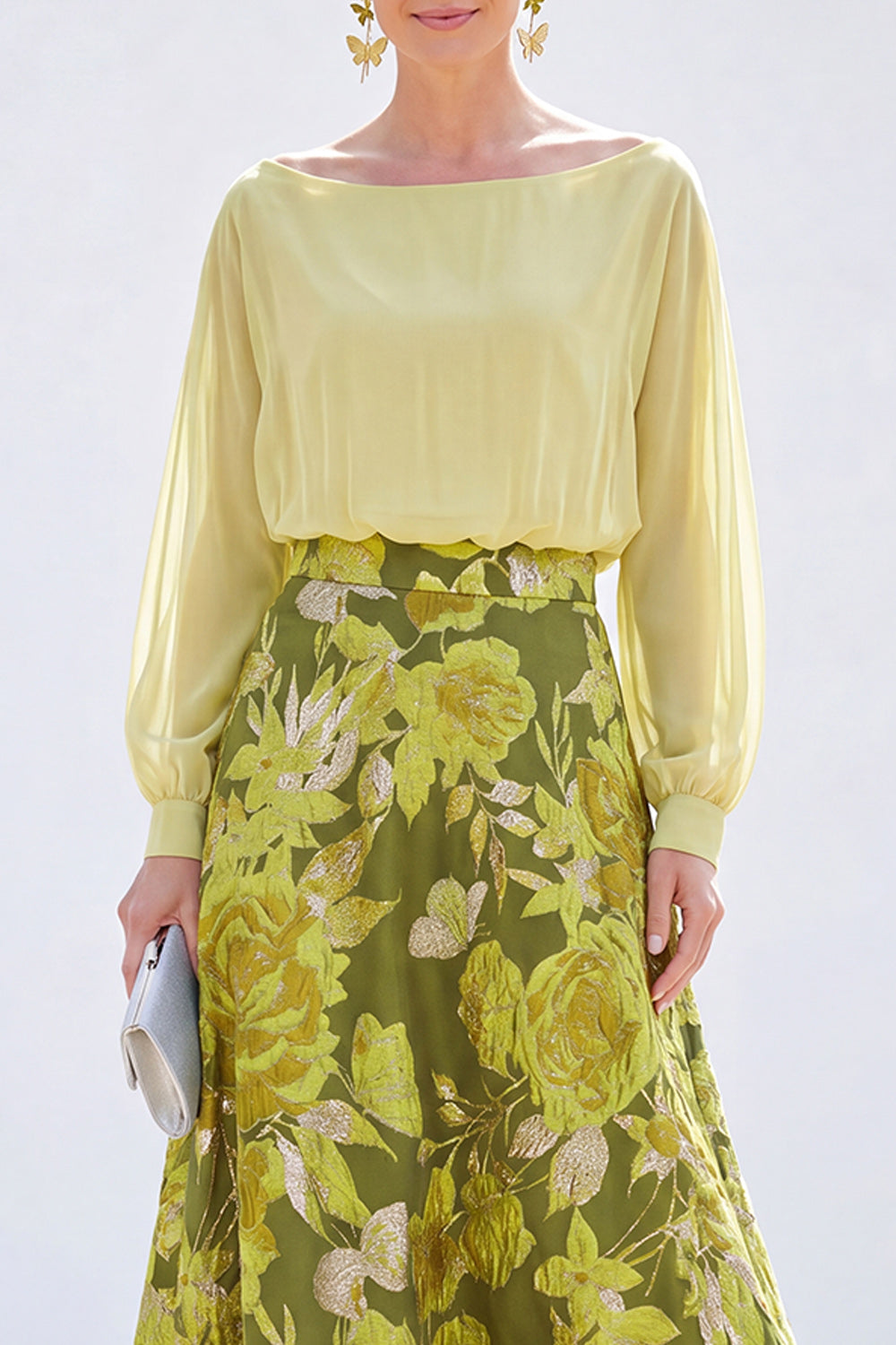 Boat Neck Green Floral A Line Long Mother of the Bride Dress with Sleeves