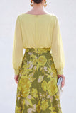 Boat Neck Green Floral A Line Long Mother of the Bride Dress with Sleeves