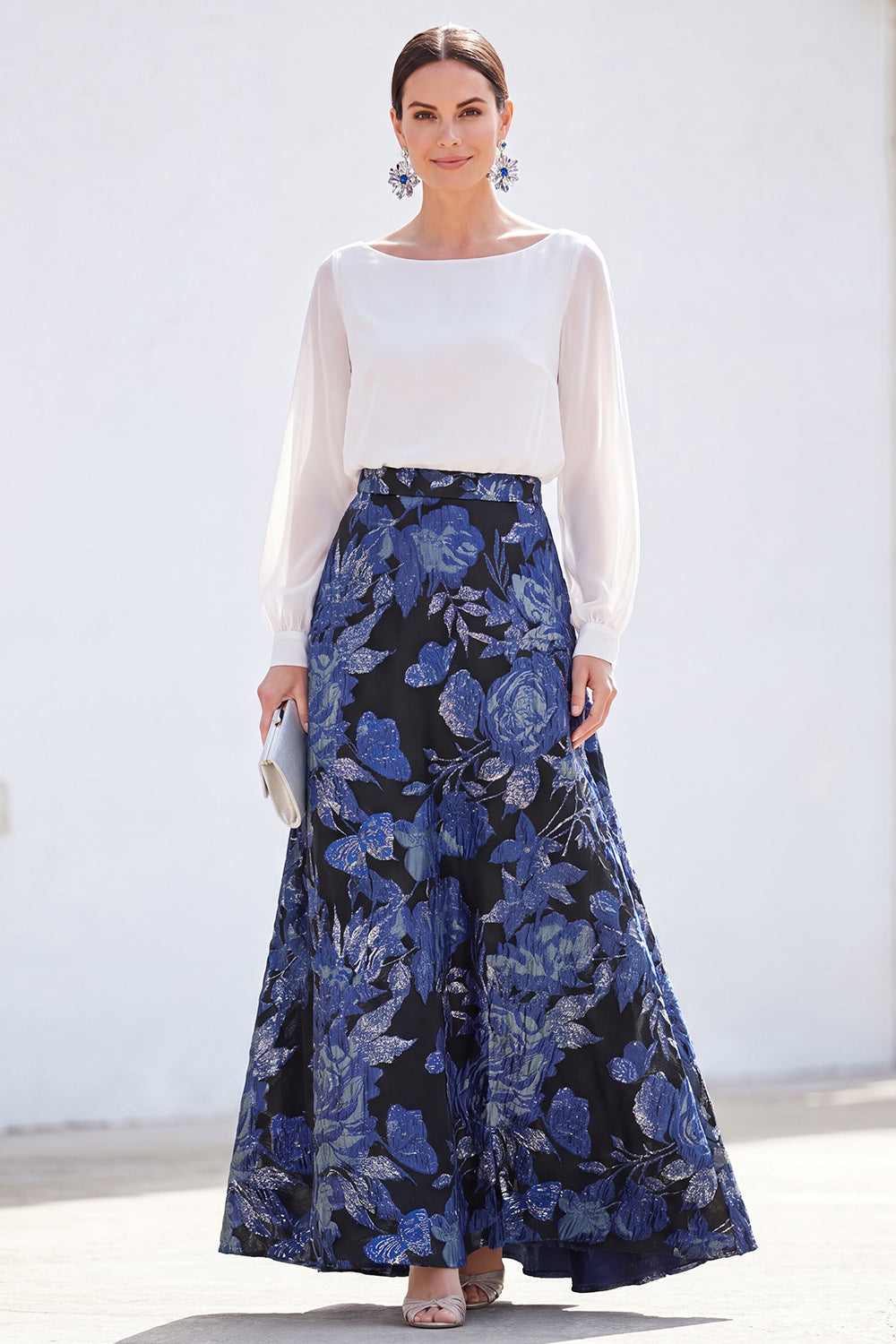 Boat Neck Green Floral A Line Long Mother of the Bride Dress with Sleeves