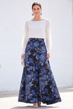 Boat Neck Green Floral A Line Long Mother of the Bride Dress with Sleeves
