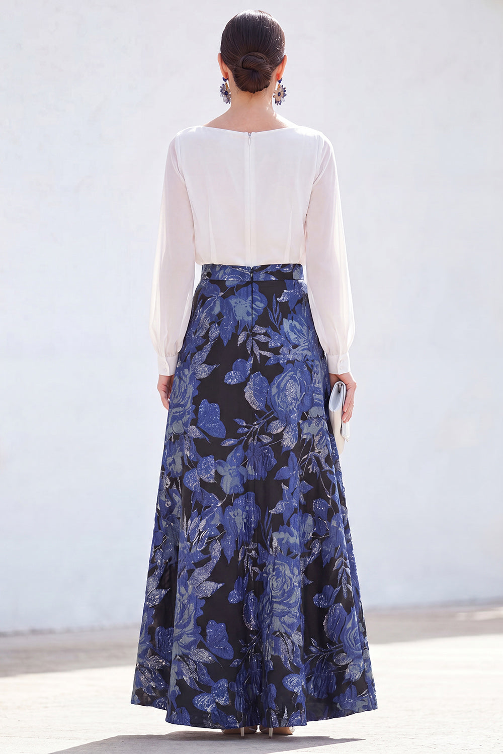 Boat Neck Green Floral A Line Long Mother of the Bride Dress with Sleeves