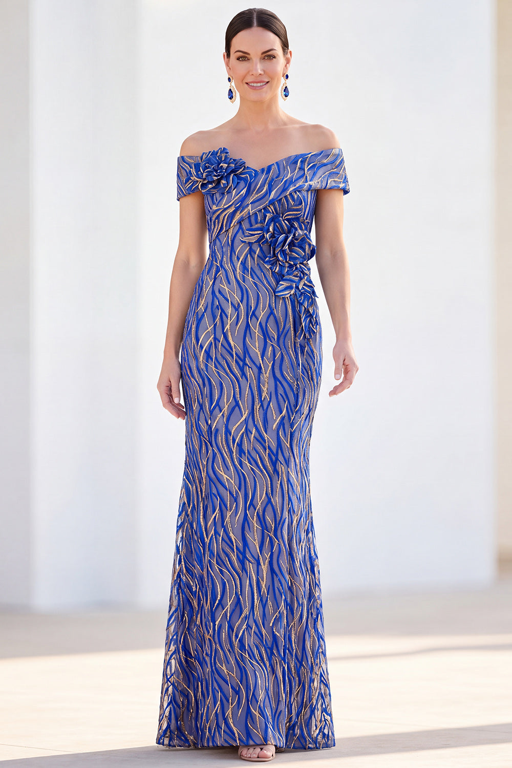 Sparkly Royal Blue Sequin Mermaid Long Monther of the Bride Dress with 3D Flowers