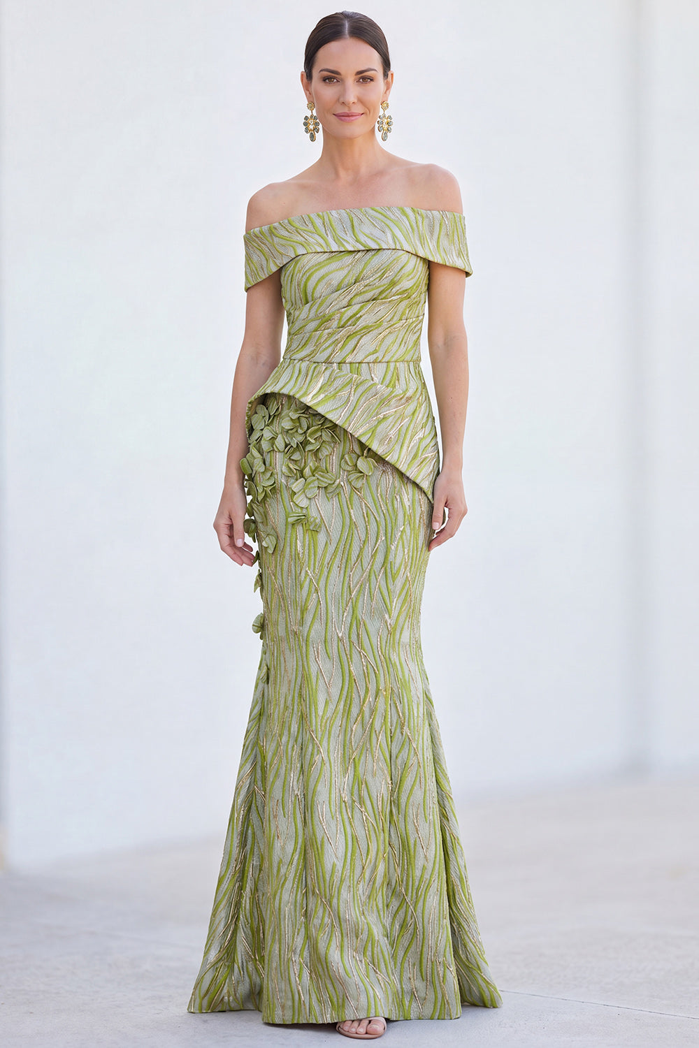 Green Off The Shoulder Mermaid Long Mother of the Bride Dress with 3D Flowers