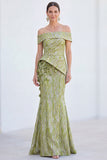 Green Off The Shoulder Mermaid Long Mother of the Bride Dress with 3D Flowers