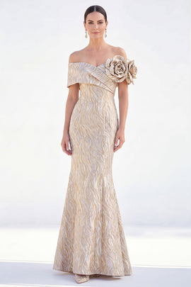 Off The Shoulder Golden Mermaid Long Mother of the Bride Dress with 3D Flowers